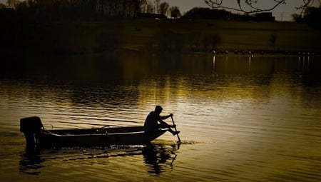 Memories - pretty, river, boat, lake, man, reflection, boating, canoe