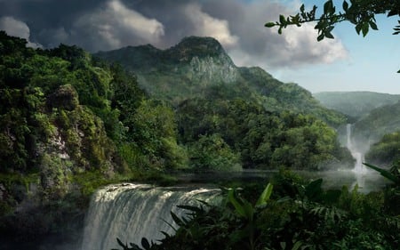 paradise- waterfall - clouds, waterfalls, trees, water, mountains