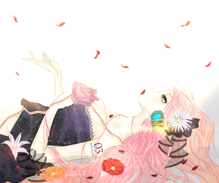 Megurine Luka - anime, vocaloid, girl, petals, long hair, flowers, headphones, megurine luka, cute, pink hair, sexy, blue eyes