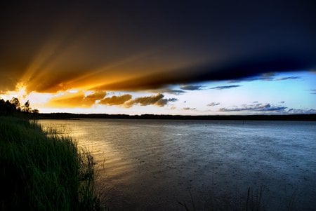 Storm Ahead - storm, clouds, lake, grass, sun, sky