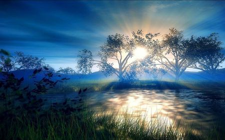 Streaming sunlight - water, blue, beautiful, silhouette, sunrise, grass, reflectionn, sunrays, river, treees, golden