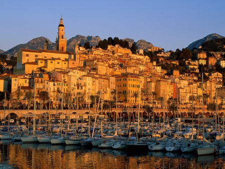 Sunset in Menton - boats, sunset, sundown, menton, harbour, france, buildings, cote d azur