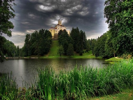 CASTLE ON THE HILL - hill, forests, trees, lake, castle