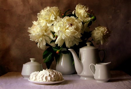 Peonies And Cream - vase, table, teapot, still life, peonies, whipped cream, flowers, sugarbowl, plate, creamer, cream peonies