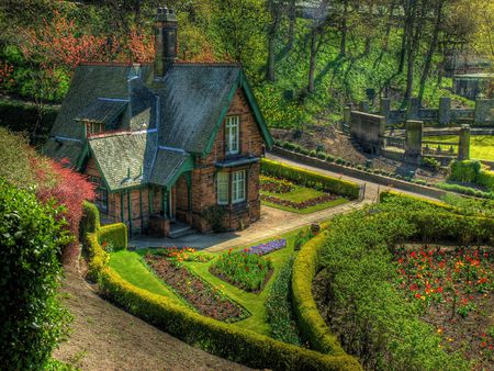 Princes Cottage - cotswold, house, trees, shrubs, flowering trees, flowers, england, garden, princes, cottage