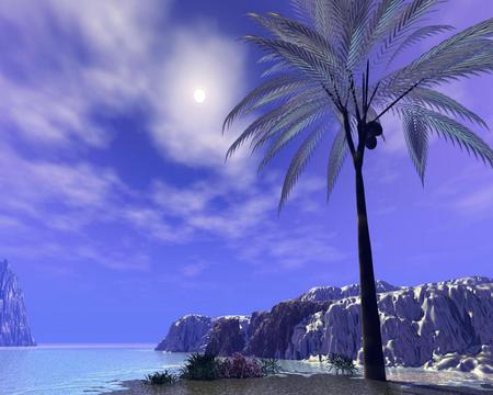 Fantasy Blu. jpg - sky clouds, water, island, plamtree, rocks