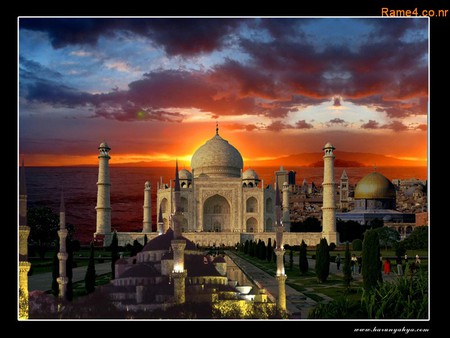 Grand Palace - trees, pillars, sunset, islam, clouds, taj mahal, beautiful, orange, lights