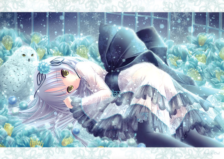 Tinkerbell - anime, snowflakes, blue, lying, lolita, flowers, owl, tinkerbell, bow