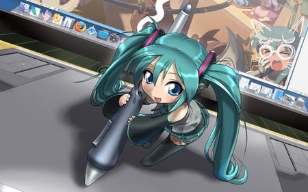 little miku - vocaloid, drawing, anime, miku, girl, cute, pc