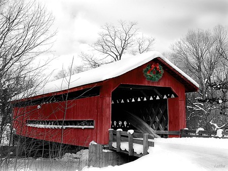 AN OLD COVERED BRIDGE - gorgeous, beautiful, setting, snow, bridge