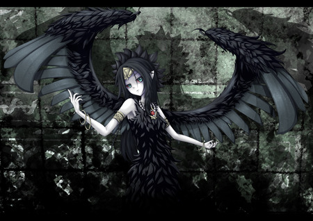 Anime - feather dress, wings, anime, black