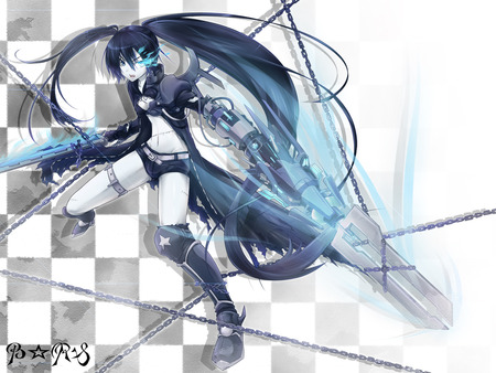 vocaloid - fire, sword, black, black rock shooter, blue