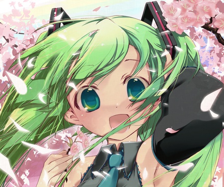 Hatsune Miku - hatsune miku, sexy, girl, twintails, long hair, blue hair, green eyes, sakura blossoms, vocaloid, anime, flowers, cute