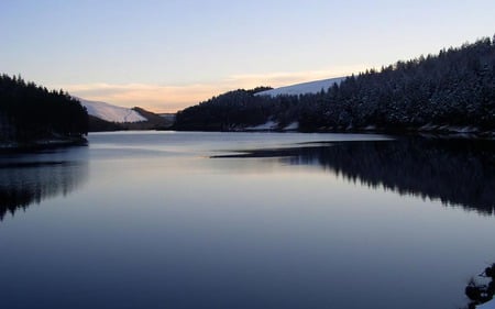 Howden Reservoir - lake, winter, water, trees, nature, calm