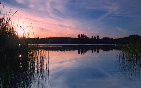 Misty Lake Sunset - nature, lake, clouds, colorful, water, sunset