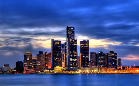 DETROIT - detroit, blue, water, city, lights