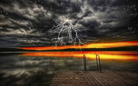 Thunder Storm Furious - lake, reflection, ray, thunder, lightning, platform, starry, storm