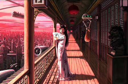 Flying Passenger Boat - oriental, fantasy, gorgeous, beautiful, ship, boat, sci-fi, city