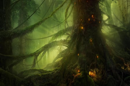 Greenwoods - fairytale, home, forest, dark, night, wods, fantasy