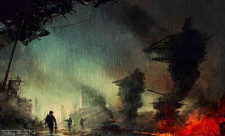 In the Rain - rain, destruction, war, battle, night, sci-fi, fire, fantasy, storm