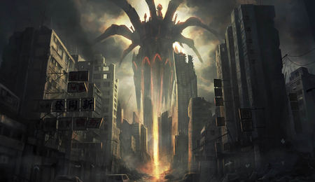 Invasion - rain, destruction, night, fire, fantasy, storm, alien, war, sci-fi, battle, city