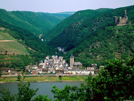 the high castle - green trees, nature, houses, peaceful, river, mountains, beautiful place, castles