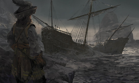 Pirate Ship - storm, winter, ship, boat, sea, ocean, ice, fantasy, shore, pirate