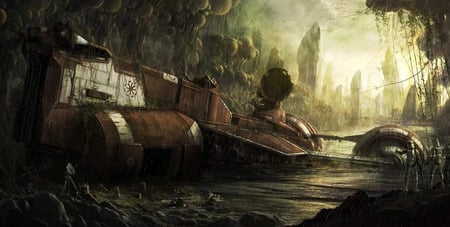 Republic Cruiser - crash, star wars, rain, destruction, night, fantasy, storm, war, forest, sci-fi