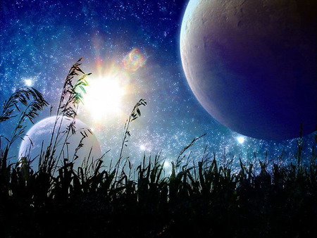 Worlds away - moon, sunbeams, sunburst, grass, stars, space, sunrays, planets, nice