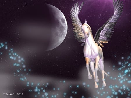 Pegasus in Space - space, moon, horses, mystical, pagasus, stars, animals