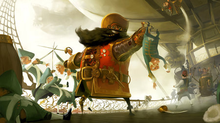 Pirate Giant - battle, fantasy, cartoon, pirate, ship, sword, weapons