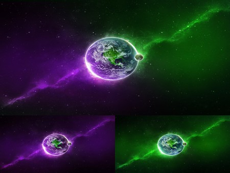 PURPLE AND GREEN SPACE - colours, space, planets, purple, green, earth