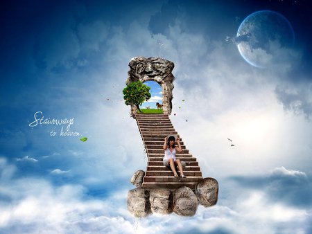 STAIRWAYS TO HEAVEN - white, moon, sky, female, clouds, blue, stairway