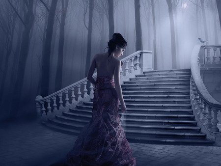 Fantasy woman - moon, woman, stairs, dark, woods, night