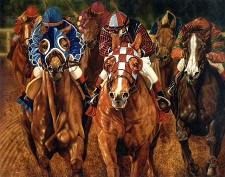 A Fast Finish - horse race, finsh line, horses, jockeys, animals, checkered