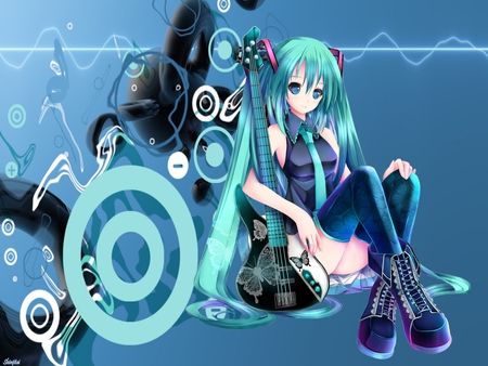 Hatsune Miku - pretty, anime, blue, beautiful, hot, twintail, thighhighs, hatsune miku, cool, guitar, awesome, blue hair, cute, vocaloids, sexy, blue eyes