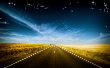 Beyond The Horizon - fields sky sparkle, starry, road, journey