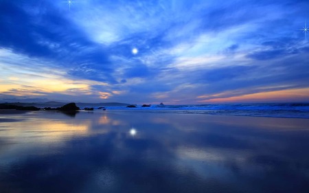 Just The Blue - sky, star, beach, mountain, reflection, wave, rocks