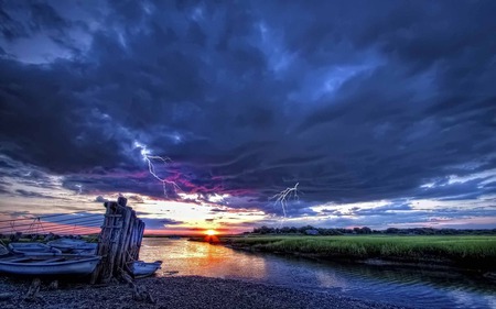 Lost Its Way - river, green, ray, thunder, sunset, lightning, boat