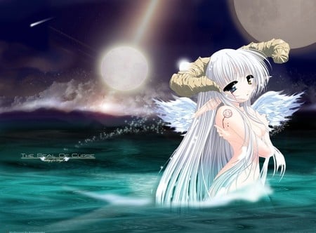 The Seal Of Curse - clouds, moon, anime, girl, colourful, angel, stars, wings, cute