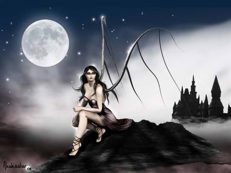 Butterfly of the moon - moon, dark art, dark angel, angel, gothic, dark, fantasy, graphics, butterfly, akahastur, full moon