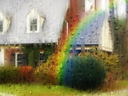 Rain... - house, trees, water, beautiful, drops, grass, colors, lovely, architecture, tree, colorful, nature, rainbow, rain, nice, houses