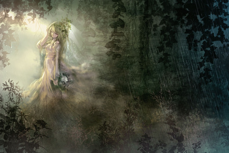 Wedding in the forest - wedding, sexy, girl, long hair, bride, forest, anime, flowers, green hair, cute