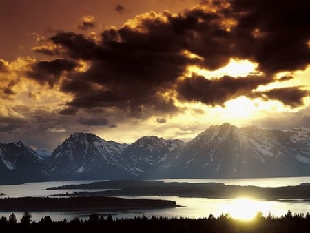 mountains  by lake,the sun - lake, the sun, mountains, nature