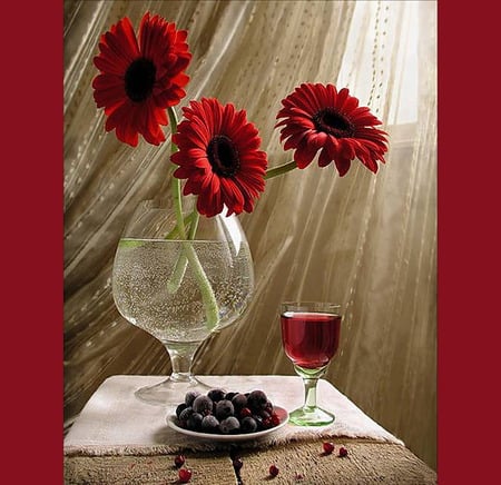 Flowers grapes wine - red, wine, flowers, boquet, scene, hot, nature, grapes