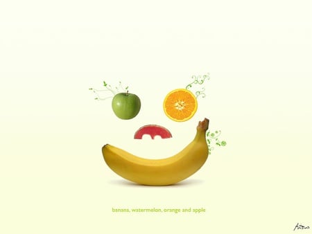 Smiling Fruit - apple, face, banana, watermelon, happy, fruit, orange