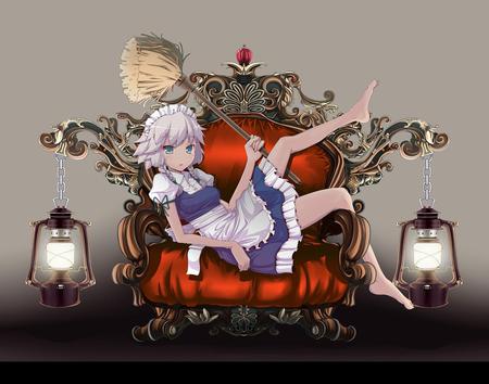 Anime - throne, anime, broom, blush, lamp, maid