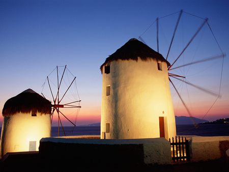 Mykonos windmills - windows, gate, beautiful, windmills, sunset, greece