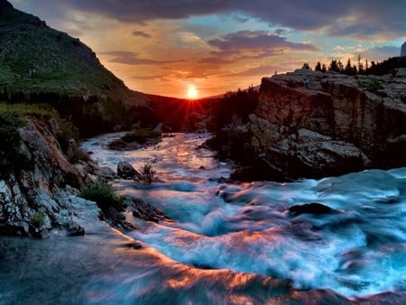 WILD LIGHT AT GLACIER FALLS - sunset, water, glacier, mountains, sky