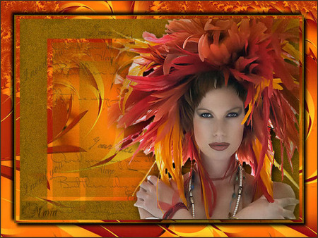 Autumn Feather Lady - lady, feathers, yellow, red, orange, autumncolors